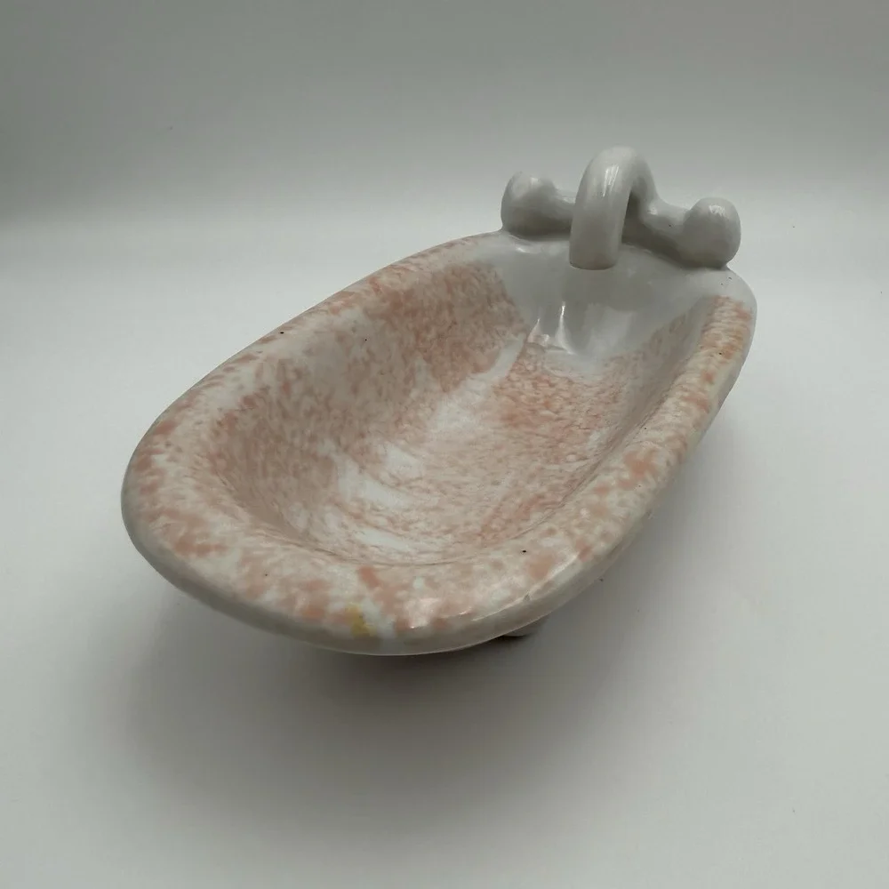 Vtg Ceramic Bathtub Pink Soap Sponge Dish Cottage Farmhouse Trinket & Shell Soap